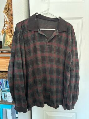 Plaid Long-Sleeve Polo Shirt in Dark Green and Burgundy